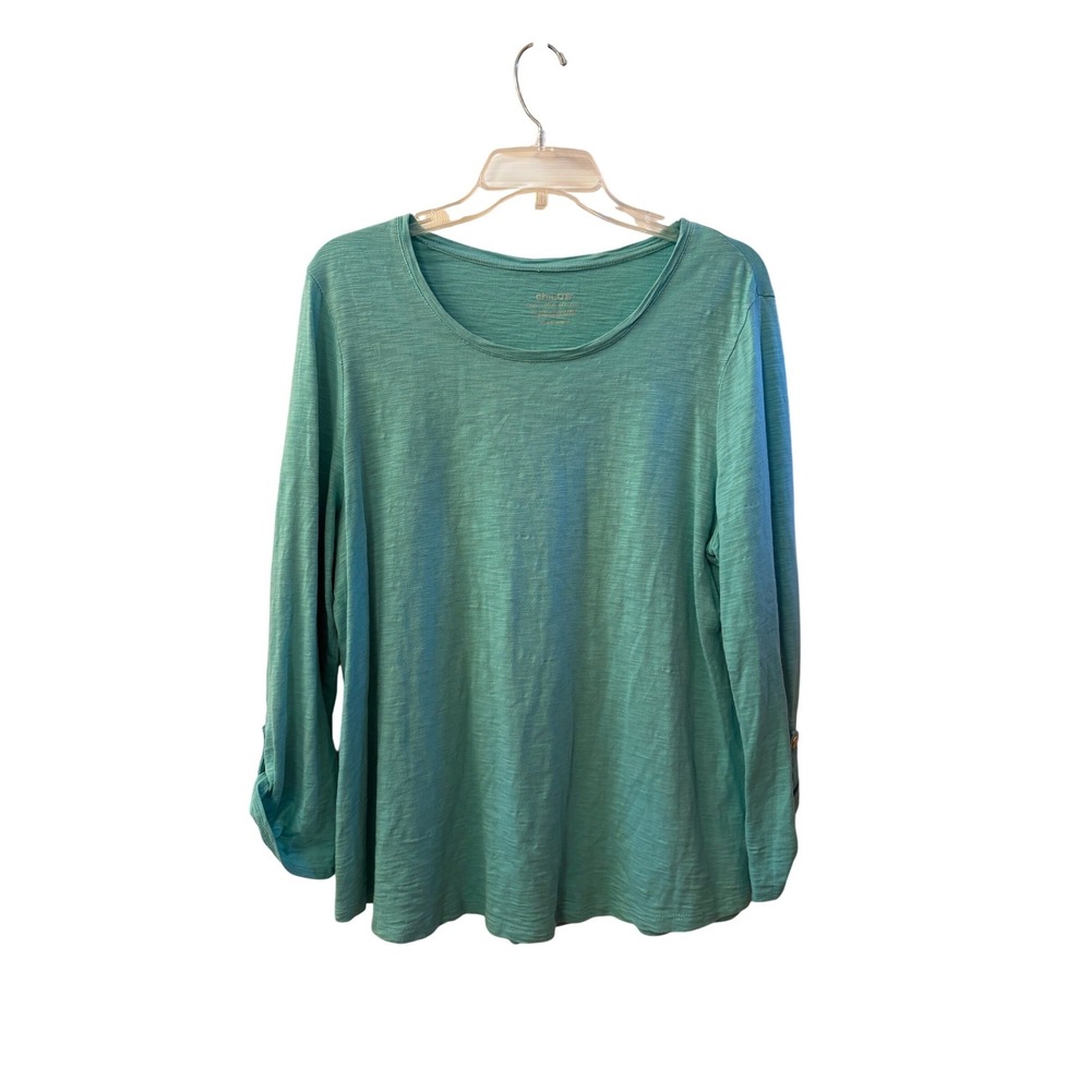 Chicos The Ultimate Tee Turquoise Slub Knit Roll Tab Sleeve Top Size 2 Large
